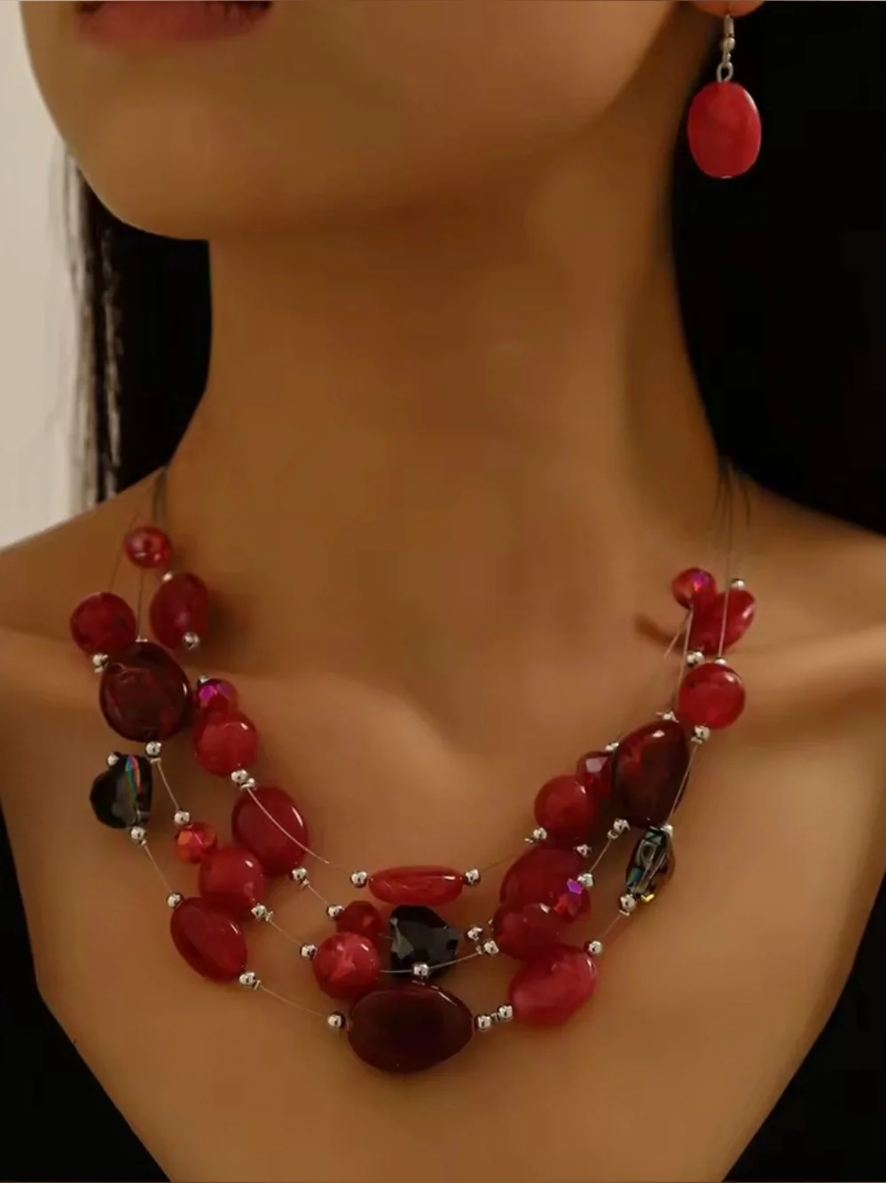 Multi-Strand Blue, Cream & Tan Bead Necklace Set with Matching Earrings